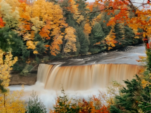 a painting of a waterfall surrounded by trees