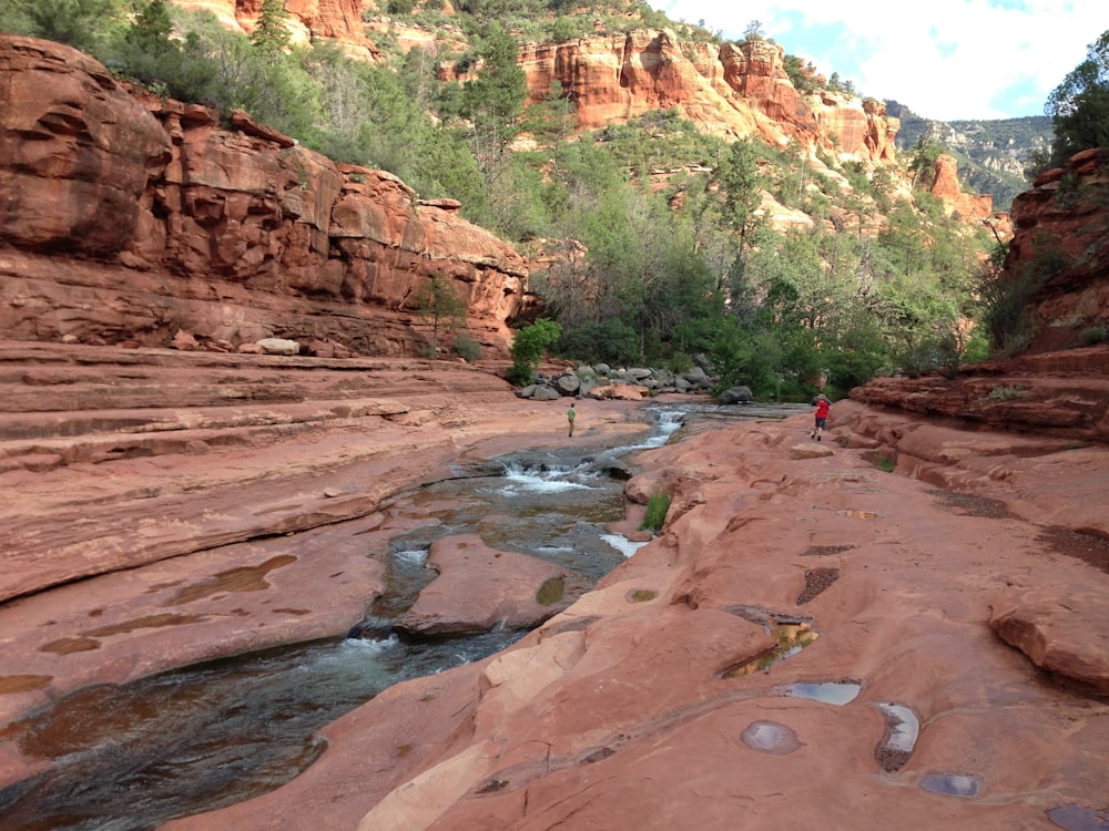 Un uomo in piedi sul bordo di un canyon vicino a un fiume