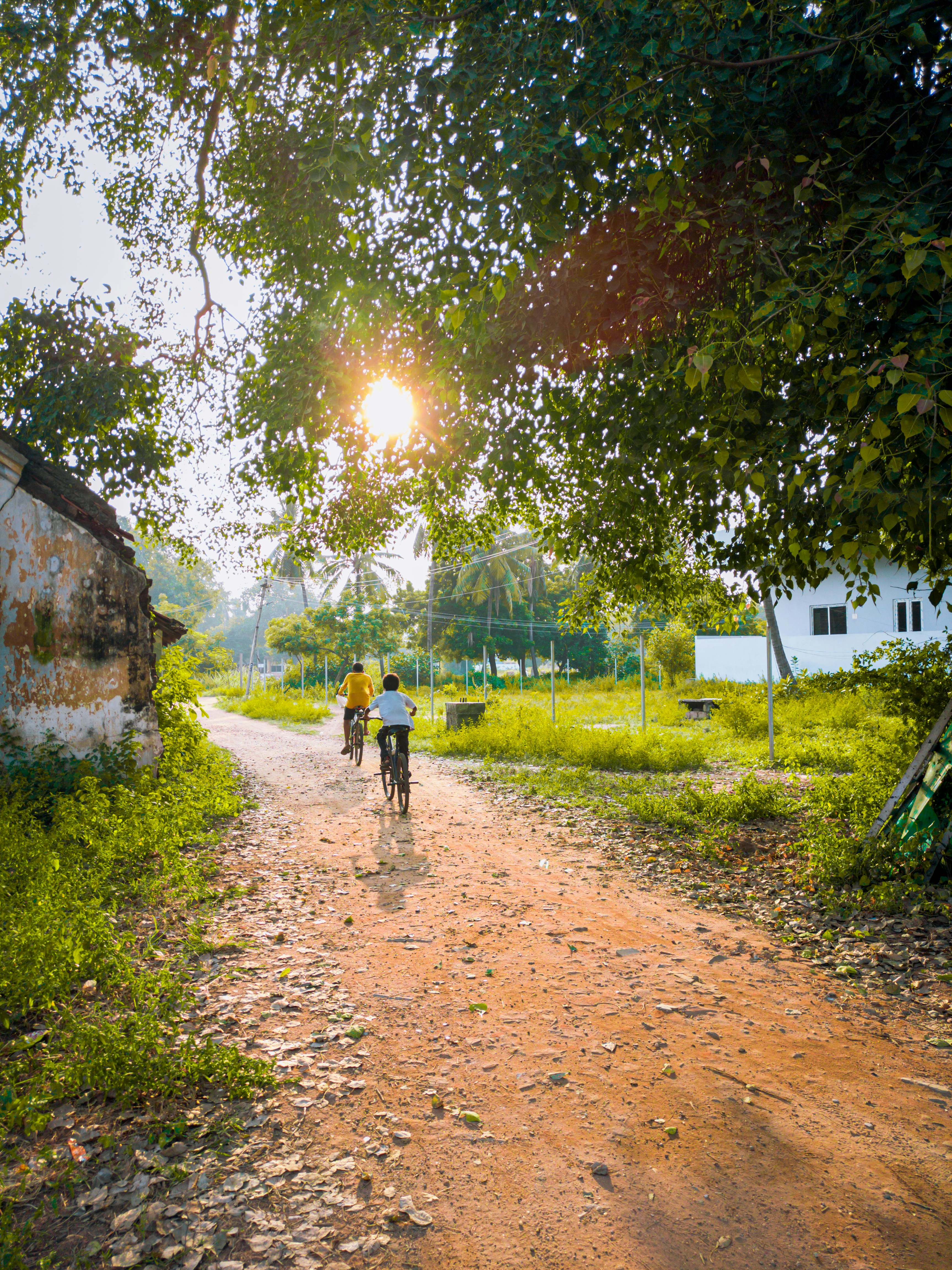 a couple of people riding bikes down a dirt road
