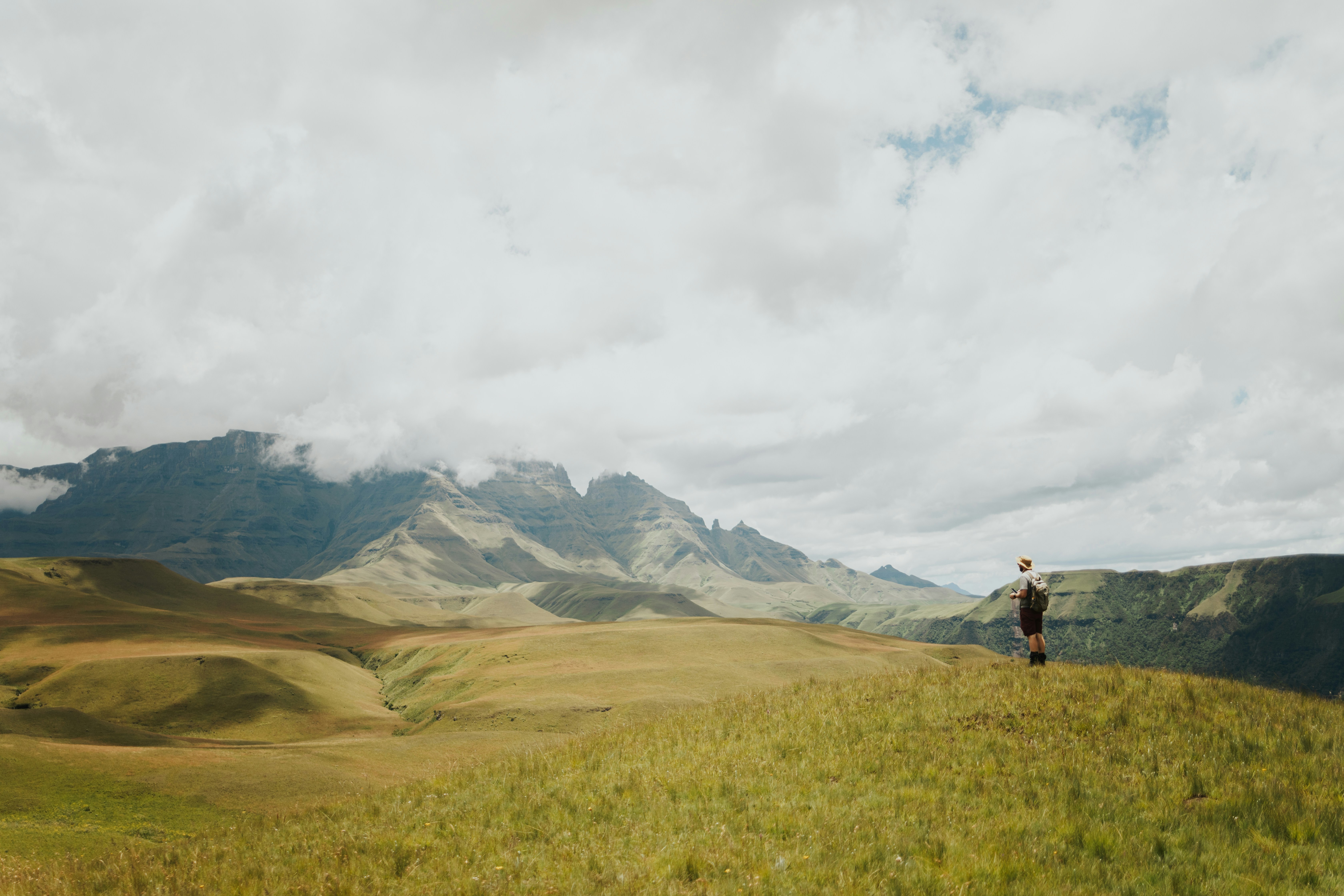 a man standing on top of a lush green hillside