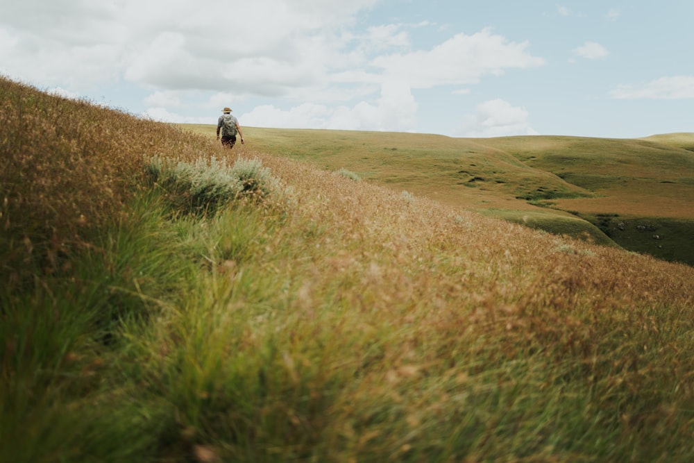 a man standing on top of a lush green hillside