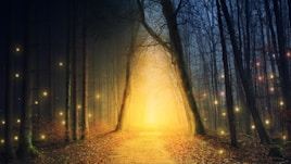 A serene ancient forest bathed in twilight with faint glowing circuit patterns weaving through the trees.