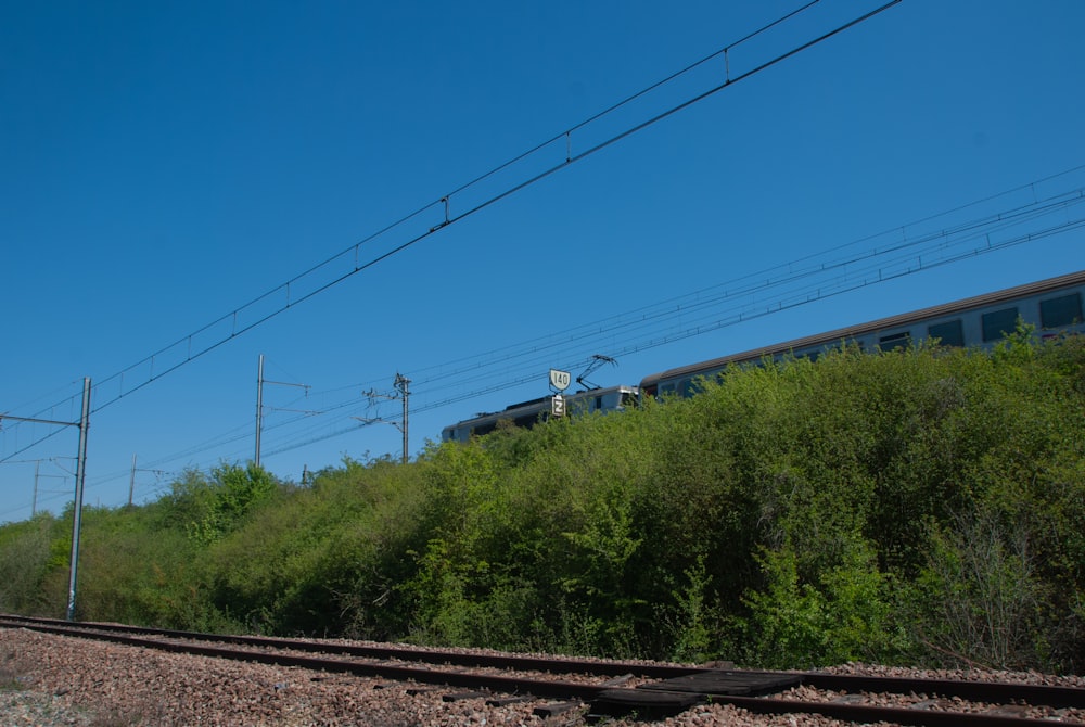 a train traveling down train tracks next to a lush green hillside