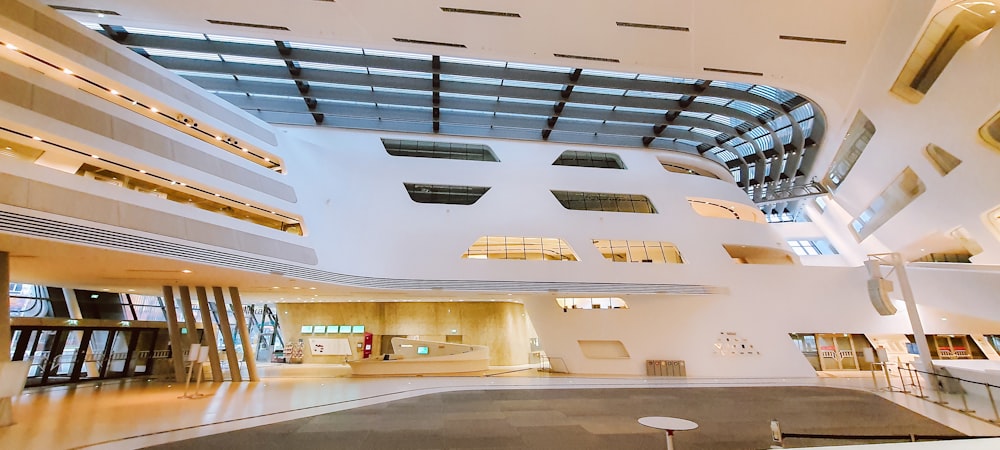 the inside of a building with a skylight above it