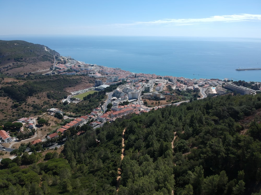 a view of a town and the ocean from a hill
