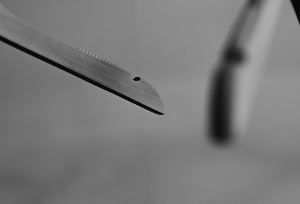 Una foto en blanco y negro de un cuchillo
