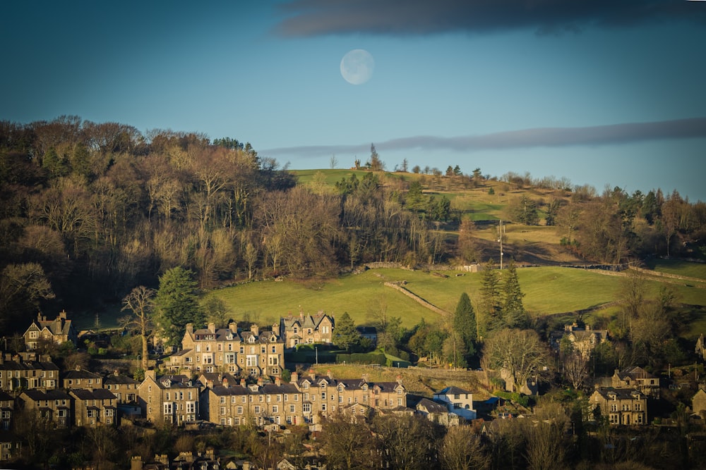 a view of a village with a full moon in the sky