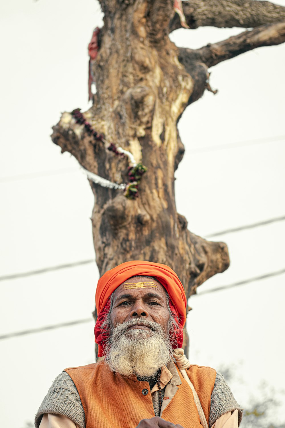 a man with a beard and orange turban standing in front of a tree