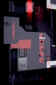 An abstract composition featuring geometric shapes and circuit-like patterns, predominantly in shades of red, black, and gray. The design resembles a futuristic or digital-themed artwork with interconnected elements and glowing effects.