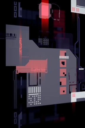 An abstract composition featuring geometric shapes and circuit-like patterns, predominantly in shades of red, black, and gray. The design resembles a futuristic or digital-themed artwork with interconnected elements and glowing effects.