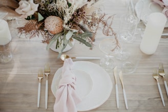a table set with a white plate and silverware