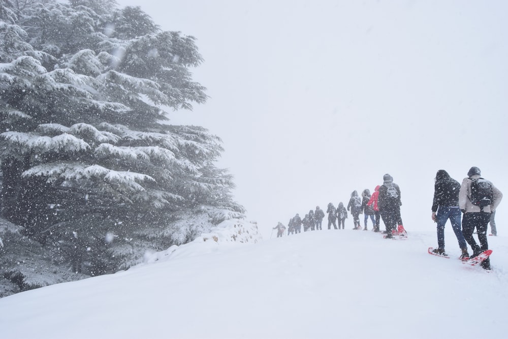 Eine Gruppe von Menschen steht auf einem schneebedeckten Hang