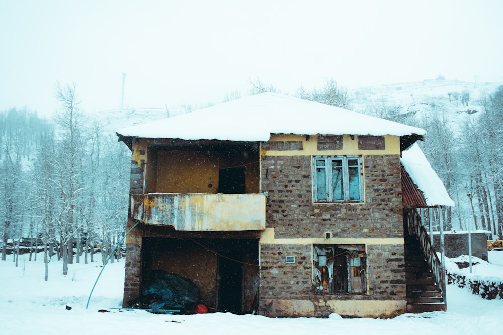 a house in the middle of a snowy field