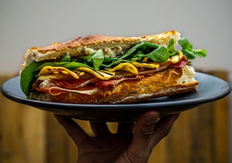 a person holding a plate with a sandwich on it