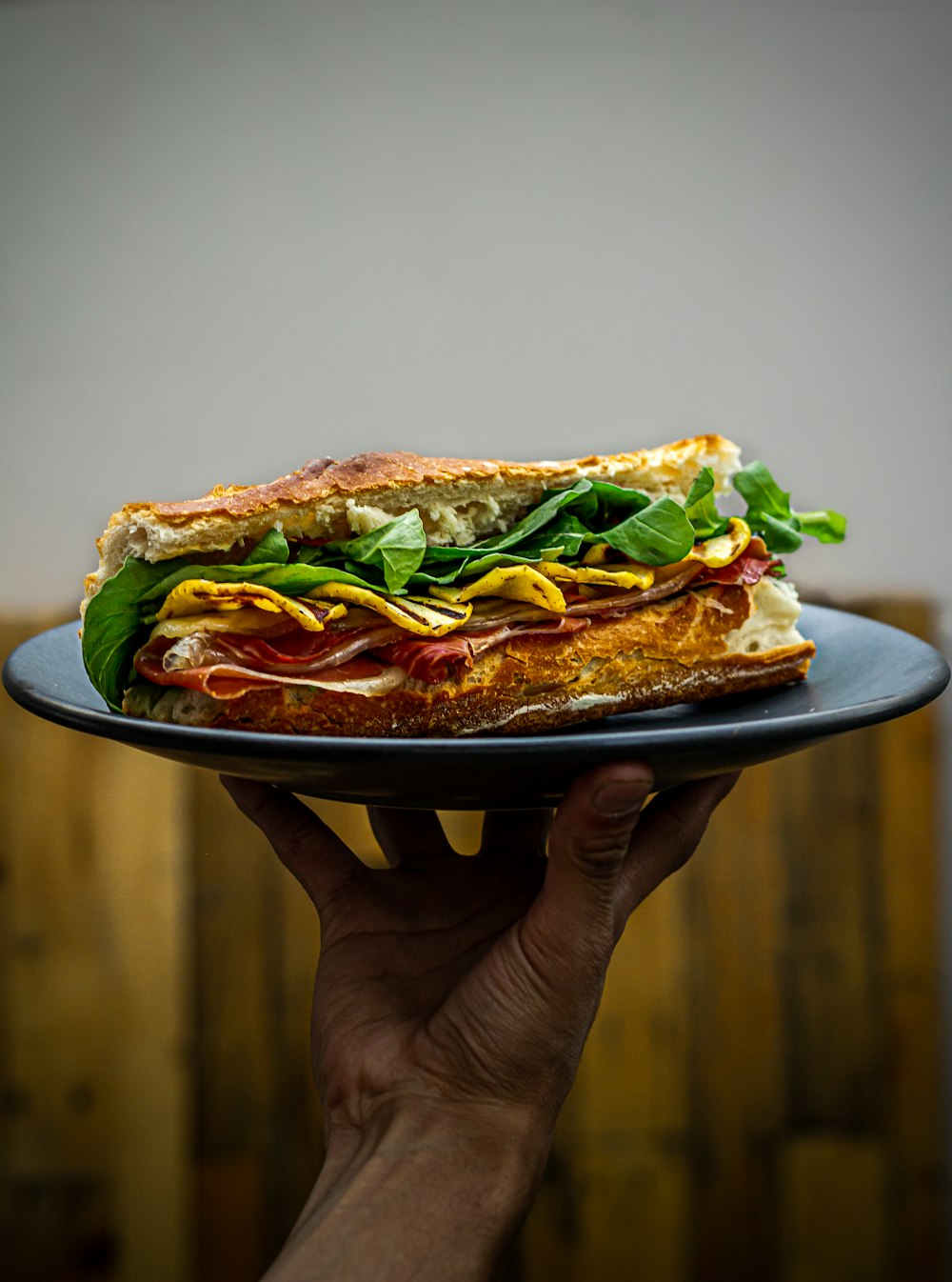 a person holding a plate with a sandwich on it