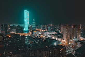 a view of a city at night from the top of a building