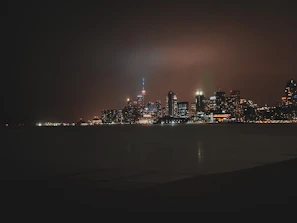 Night city skyline with subtle dark gradients and illuminated windows creating a cinematic backdrop for a global empire.