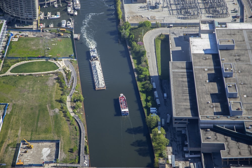 an aerial view of a boat in the water