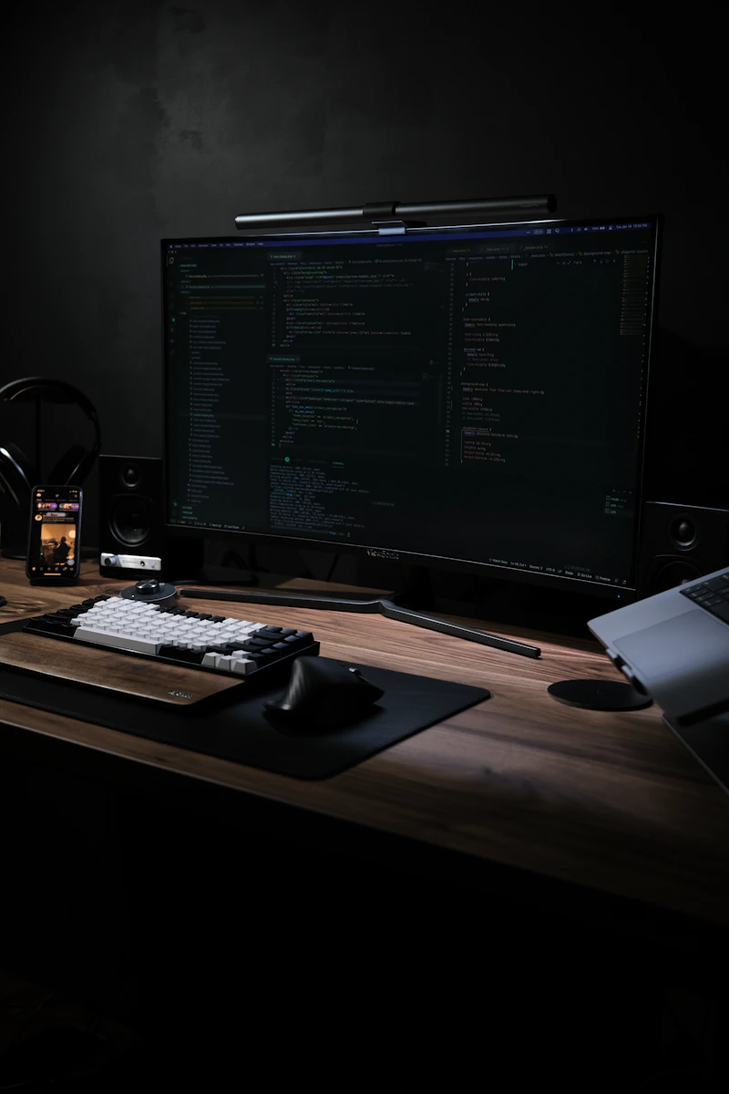 Professional desk with monitor and laptop