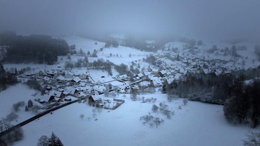 a village in the middle of a snowy landscape