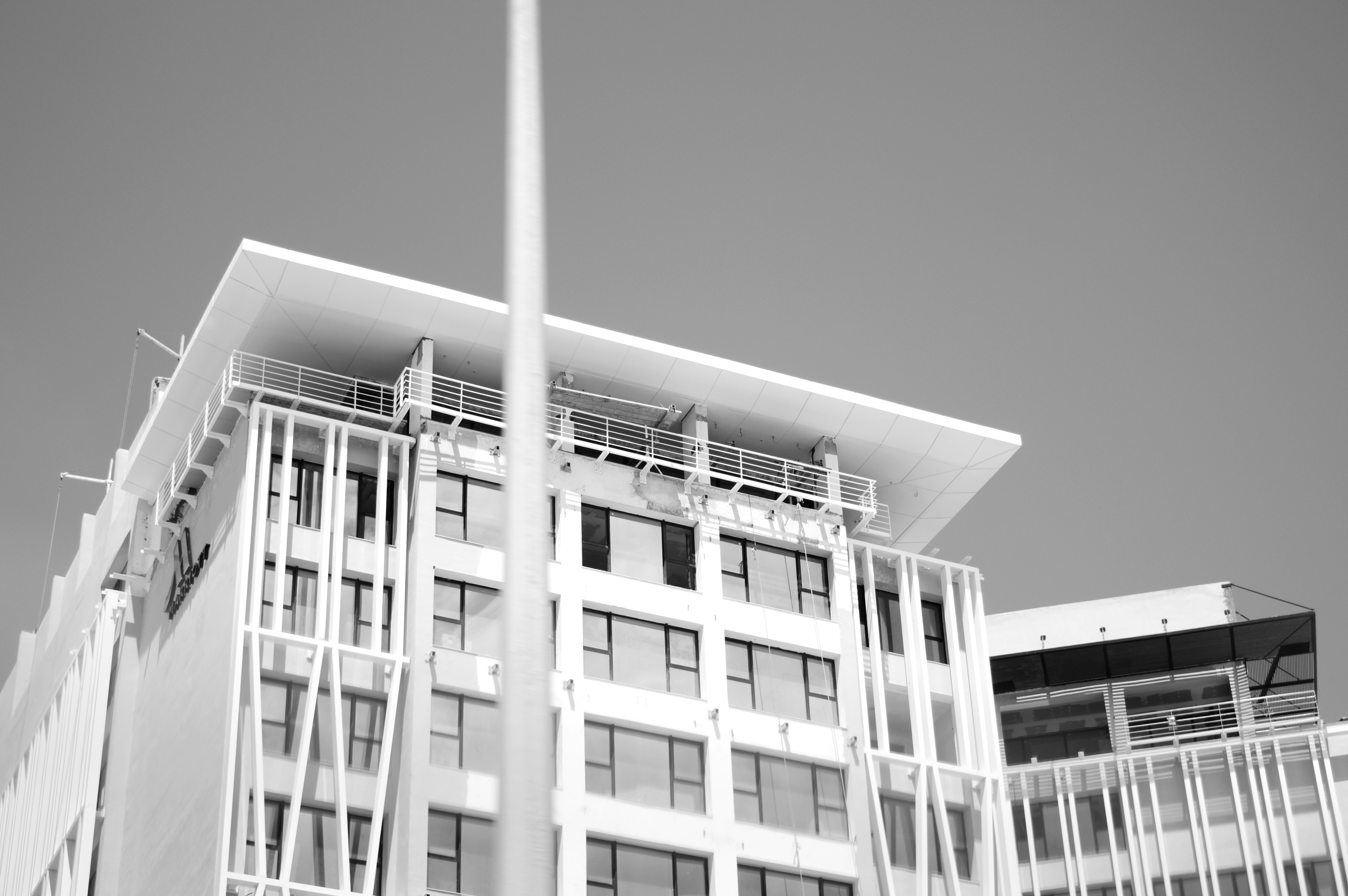 Black-and-white photo of a tall building