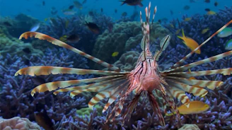 a lionfish swims over a coral reef