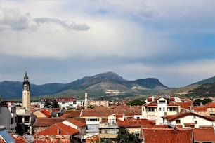 a view of a city with mountains in the background