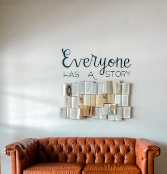 a brown leather couch sitting in front of a white wall