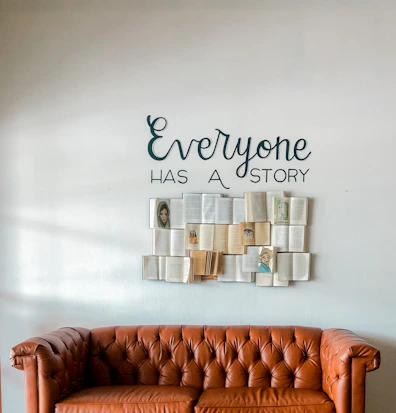 a brown leather couch sitting in front of a white wall
