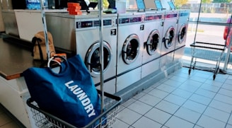 a laundry machine with a laundry bag in front of it