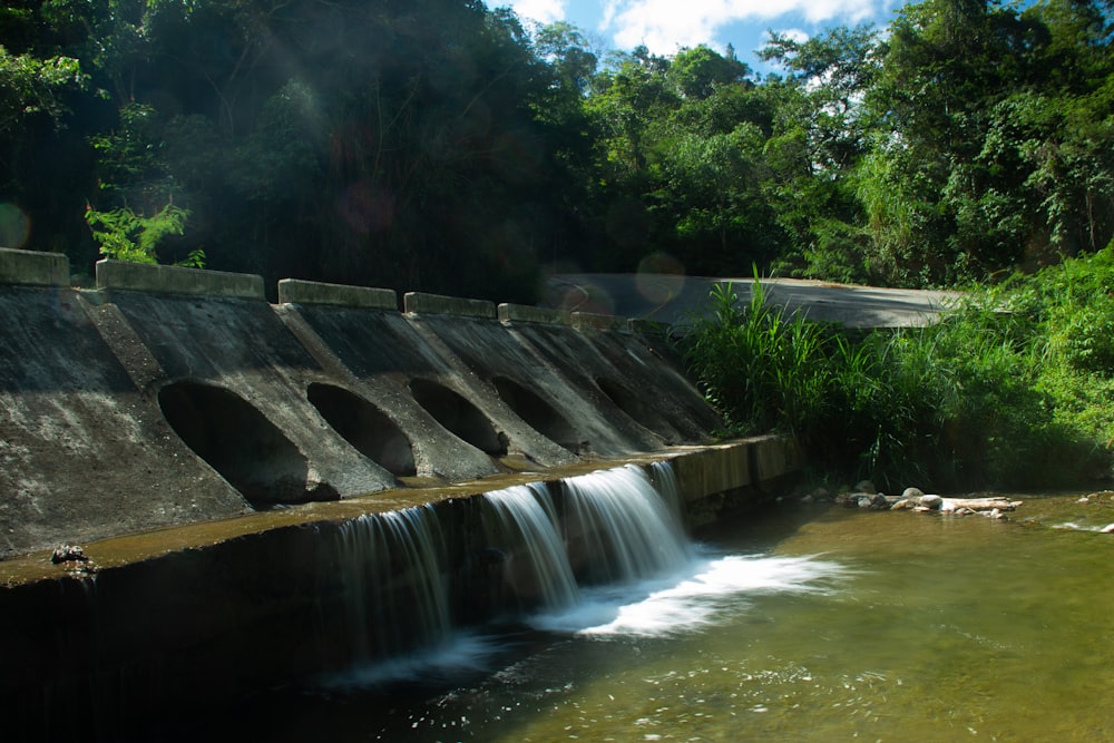 a small waterfall running over a dam in the middle of a forest