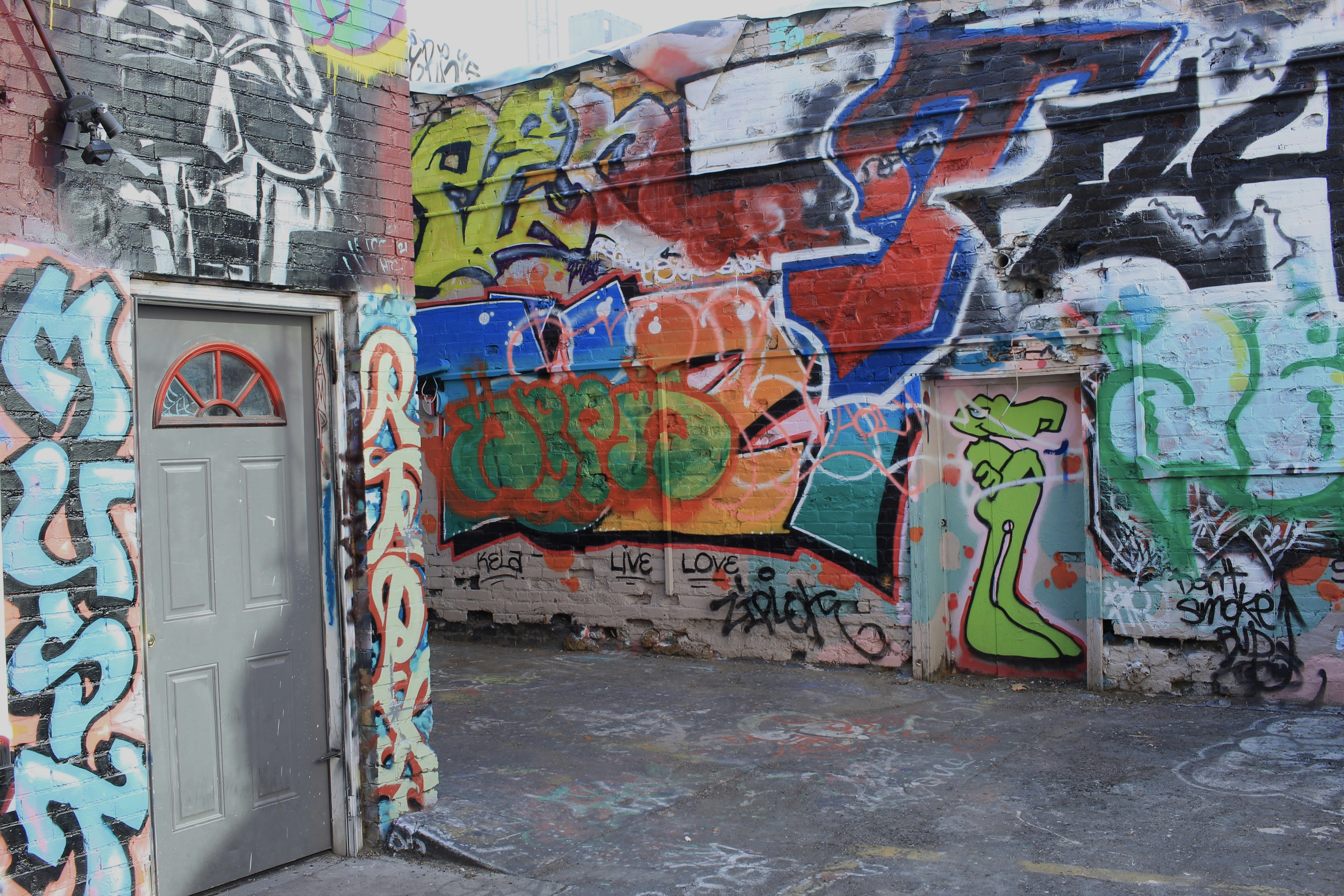 a door is open in an alley with graffiti on the walls