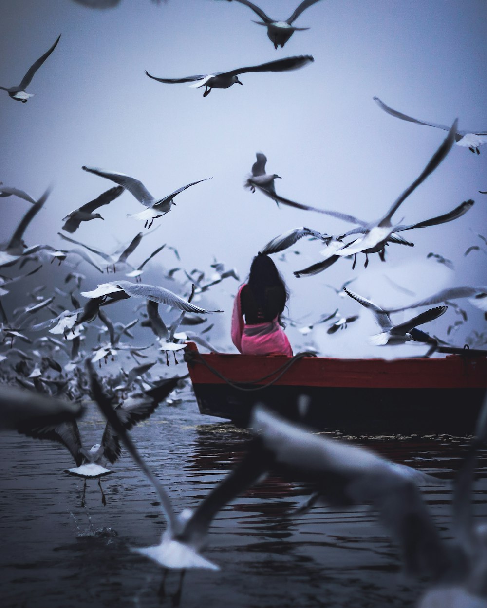 a woman in a boat surrounded by seagulls