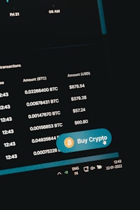 A digital screen displaying cryptocurrency transaction details including Bitcoin amounts and their USD equivalents. A prominent 'Buy Crypto' button with a Bitcoin symbol is visible. The screen shows navigation elements and the date on the system tray is 22-01-2022.
