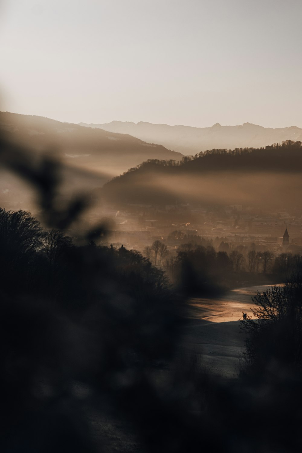 a view of a valley with trees and mountains in the background