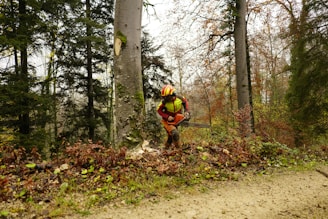 a man with a chainsaw in a wooded area