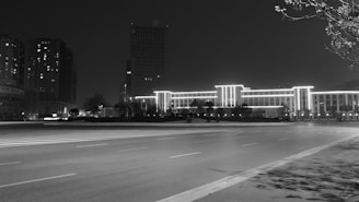 Nighttime cityscape highlighting illuminated buildings and quiet streets.