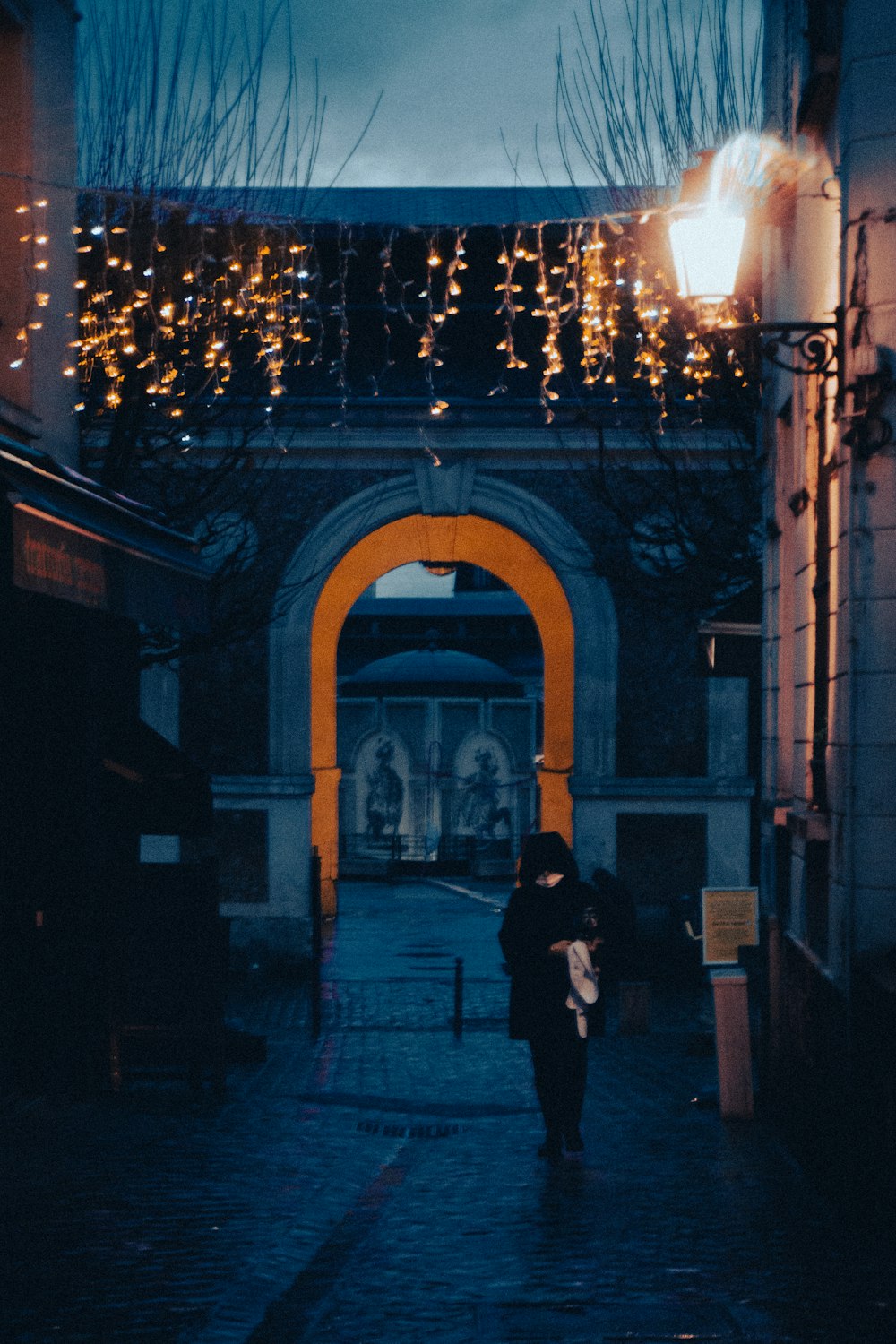 a person walking down a street with an umbrella