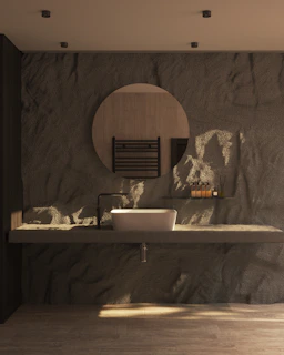 a bathroom with a sink and a mirror