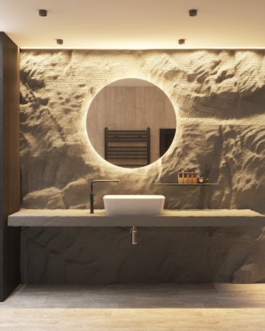 Contemporary bathroom with sleek fixtures and a large mirror