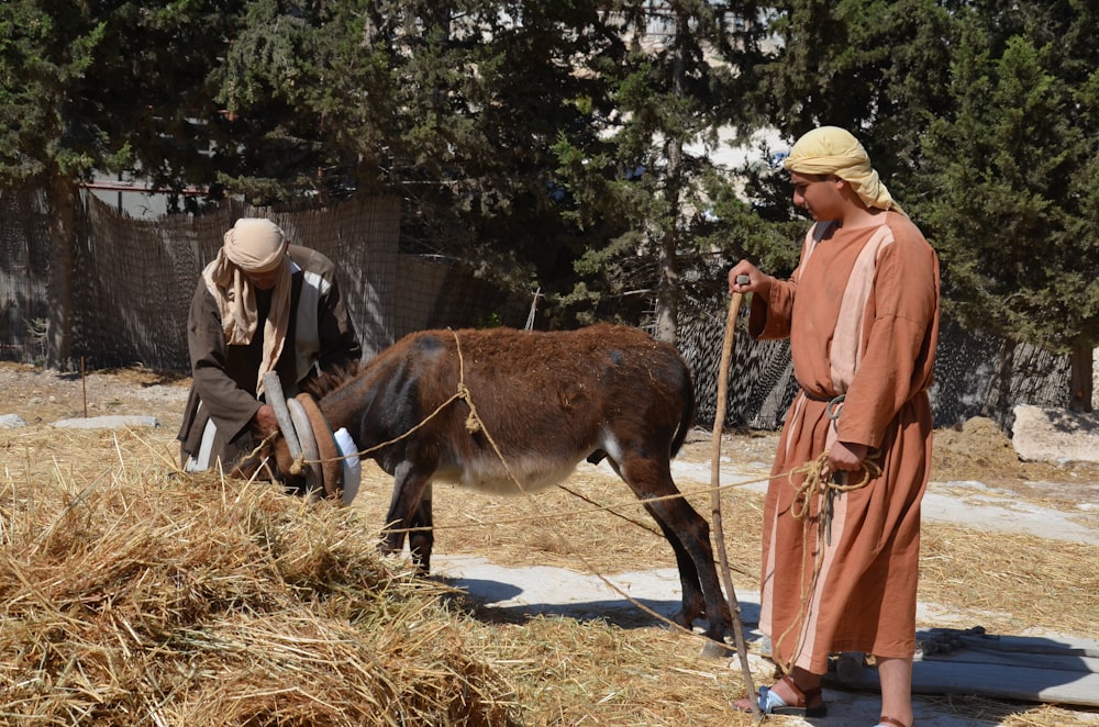 Un par de hombres parados junto a un burro