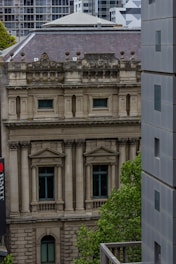 The image displays a classic architectural building featuring ornate columns, intricate stonework, and large windows. Its design contrasts with the modern high-rise buildings in the background. The foreground includes a section of a tree and part of a railing. A vertical sign with the letters 'RMIT' is attached to the side of the building.