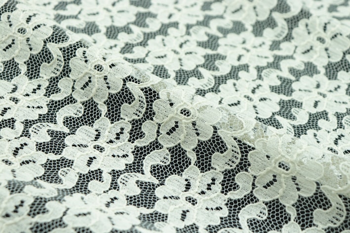 Intricate floral lace fabric with a delicate, sheer texture. The lace features an intricate pattern of flowers and leaves, with a mix of open and dense areas creating a sense of transparency.