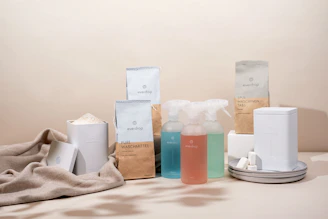 A cozy home setting with smart technology devices, pet accessories, and eco-friendly packaging.