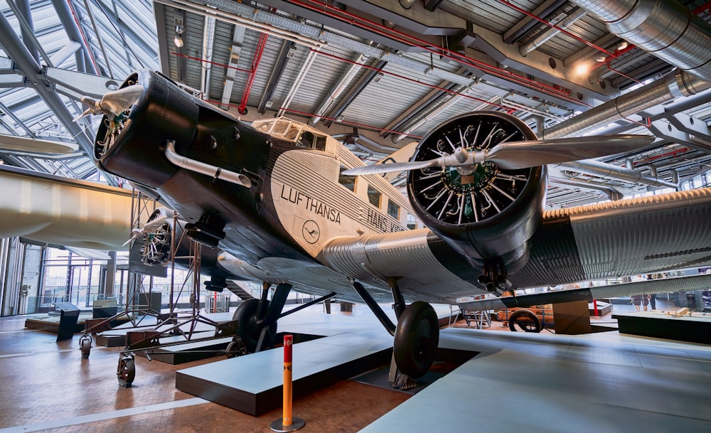 an airplane is on display in a museum