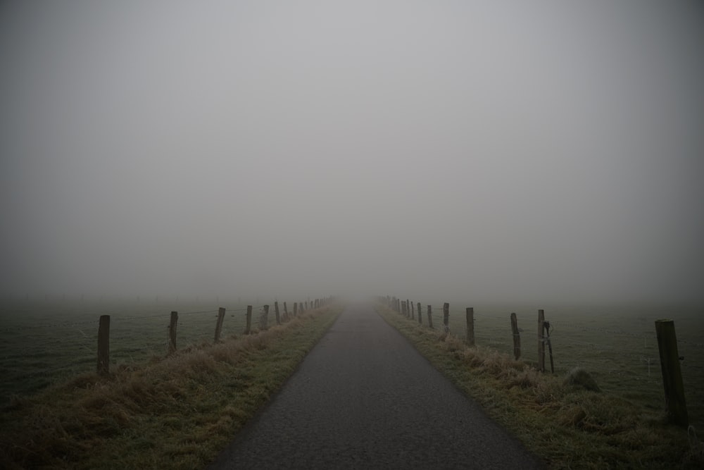 a foggy road in the middle of a field