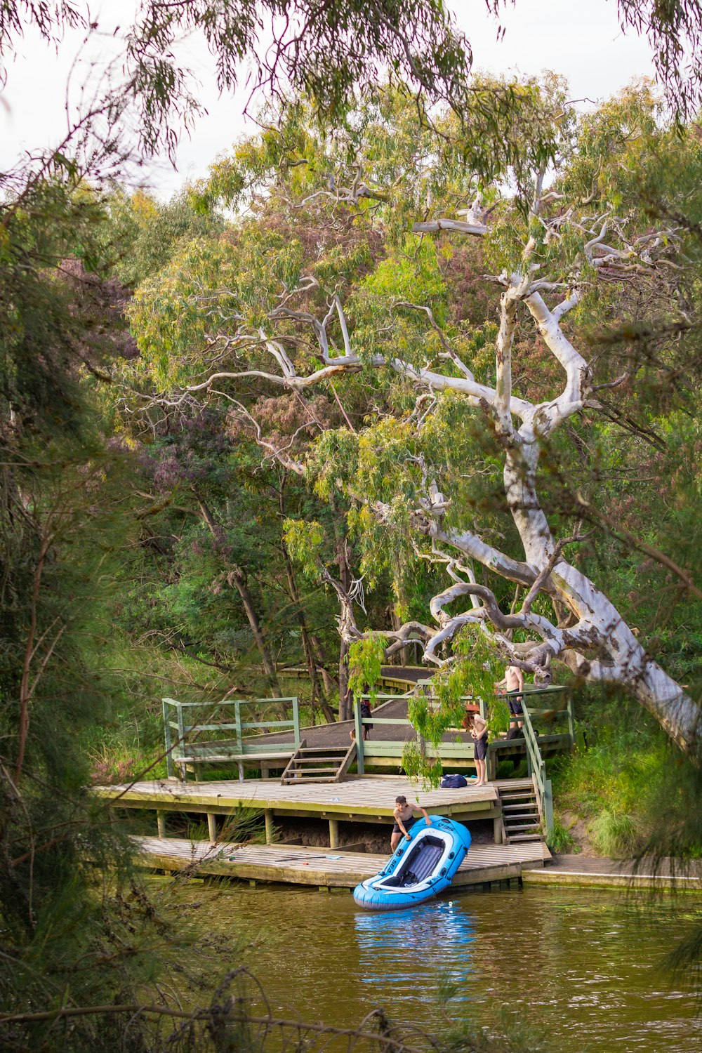 a boat floating on top of a lake next to a forest