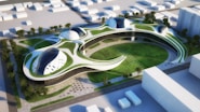 an aerial view of a building with a green roof