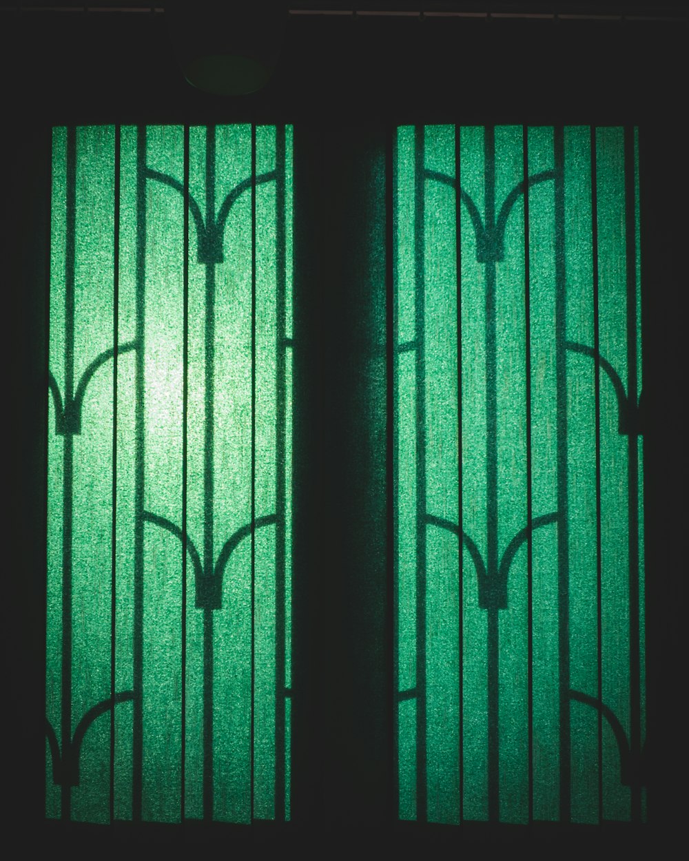 a green door with bars on it in a dark room