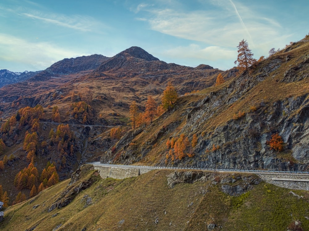 uma vista panorâmica de uma montanha com uma estrada que passa por ela